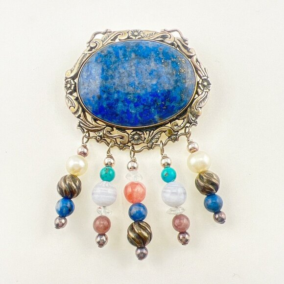 Carolyn Pollack Jewelry - Carolyn Pollack Brooch Pin Sterling Silver Multi Gem Blue Floral Pearl Relios